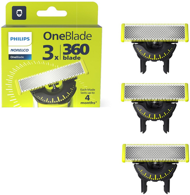 필립스 노렐코 면도날 OneBlade 360 블레이드 OneBlade 전기 면도기 및 트리머용 정품 교체 블레이드, 1개