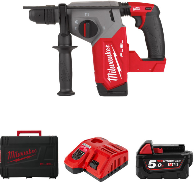 밀워키 M18 FHX-501X 18V FUEL SDS-Plus 로터리 함마드릴II_26mm 5.0Ah 배터리 1팩 충전기 케이스, 1개