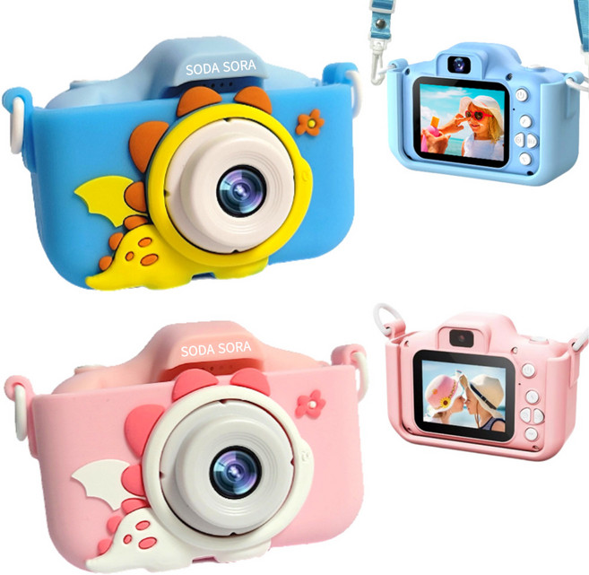 소다소라 셀카 어린이카메라 키즈 유아 장난감 공룡 사진기 어린이용 (32GB SD카드+카드리더기+배터리1000mAh+스티커 사은품증정), 셀카블루공룡(32G/카드리더기/배터리1000mAh)