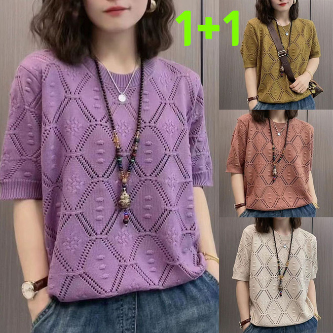 JUSTFEELING 1+1 반팔니트티 패션 중년여성 라운드 반팔 니트티 펀칭 루즈핏 4050대 엄마옷 날씬해보이는 여름 티셔츠 상의 S-3XL