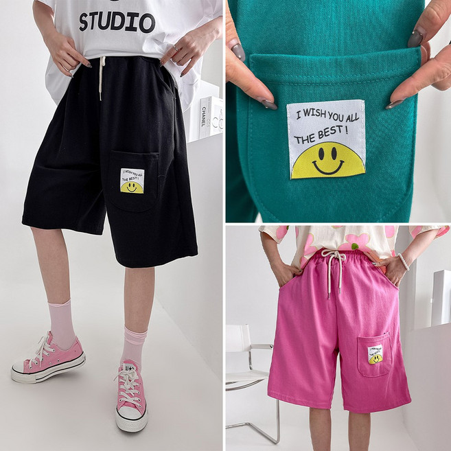 렛잇샤인 남녀공용 아웃포켓 스마일 패치 배기 버뮤다 반바지 빅사이즈