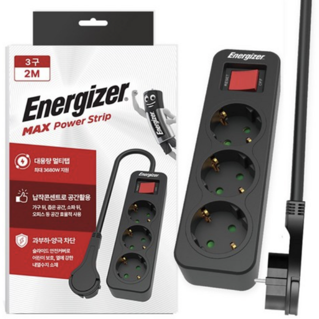에너자이저 과부하차단 고용량 3680W 멀티탭 3구, 2m, 블랙, 1개