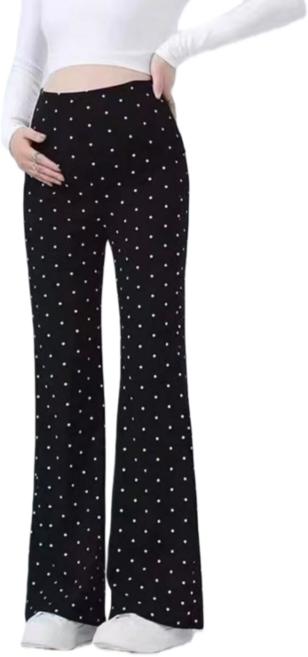 Makone 임산부 바지 도트 캐주얼 하이웨이스트 편안한 루즈핏 부츠컷핏