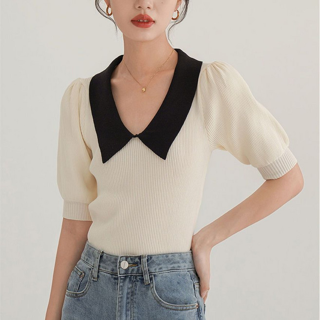 기품 있는 배색 퍼프 소매 슬림핏 니트 셔츠 반팔 여성 디자인 감각 패션 한판 상의 소규모 짧은 스웨터 K03