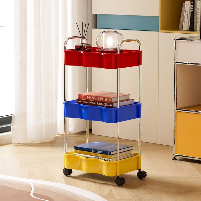 [YOUNG] 웨이브 360도 회전 이동식 트롤리 수납선반 틈새정리 수납카트, 혼합컬러, 3단