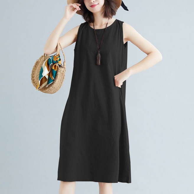 大碼純色背心連衣裙 夏裝顯瘦寬鬆遮肚子, 黑色,4XL 建議85-100公斤