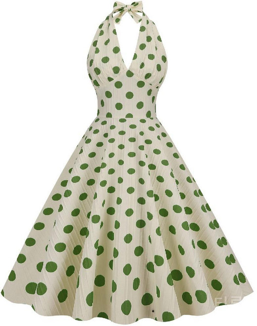 티류으스 레트로 헵번 스타일 하이웨이스트 도트 휴가 파티 드레스 홀터넥 오픈백 플레어 미디 원피스 여성 Lyw
