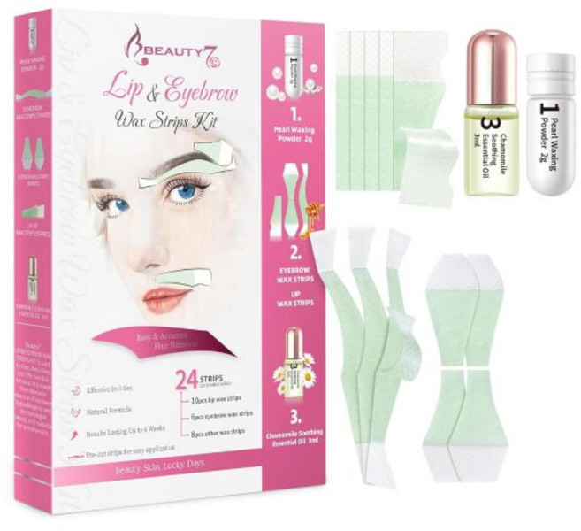 뷰티7 제모 키트 아이브로우 왁스 스트립 페이셜 24 스트립에 진주 파우더 에센셜 오일이 함유되어 민감한 모든 피부 타입의 여성을 위한 제품입니다