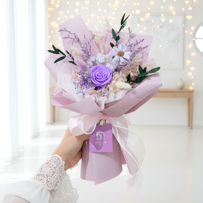 시들지 않는 프리저브드 생화 꽃다발 드라이 플라워 부케 쇼핑백 포함, 라일락 브리즈