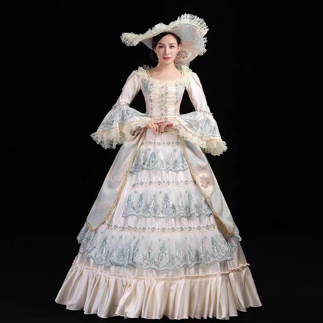 중세 드레스 뮤지컬 레트로 코스튬 의상, 블루 앤 화이트 프린세스 드레스