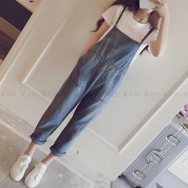 꽃소담 여성 일자 데님 멜빵바지 9부 롤업 청멜빵 점프수트 봄여름 청바지 MAL26A174