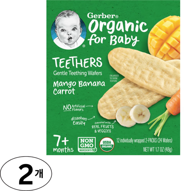 Gerber 유기농 티더스 부드러운 치아 발육 웨이퍼 7개월 이상 망고 바나나 당근 12팩