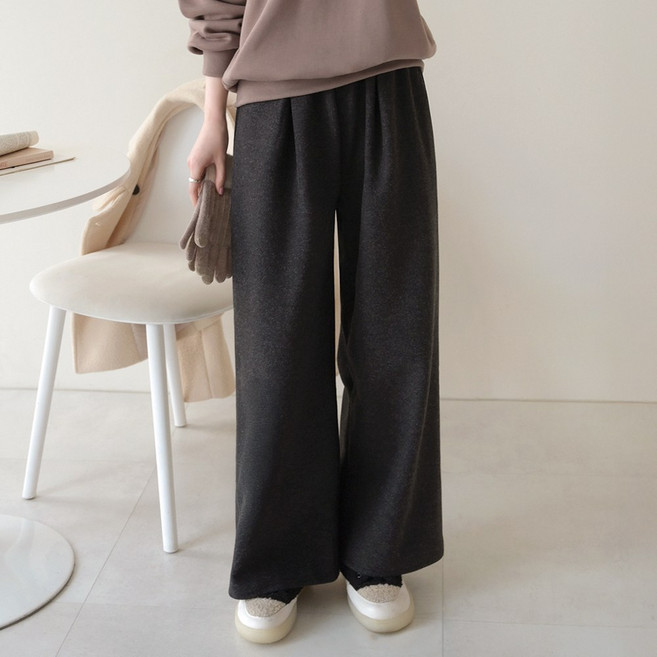 데일리앤 디얼즈 데일리 밍크 기모 울 모직 팬츠 겨울 여성 와이드핏 바지