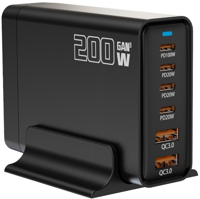 ANYOU 200w GaN LED 디스플레이 4C2A 6포트 C타입 PD3.0 PPS 초고속 멀티충전기, 1개, 블랙