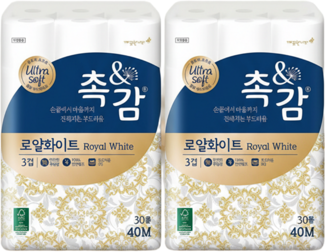 촉앤감 깨끗한나라 로얄화이트 3겹 화장지, 40m, 30롤, 2개