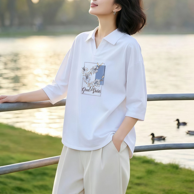 Makone 여성 여름 카라넥 티셔츠 루즈핏 프린트 순면 7부소매 40대 50대 엄마옷