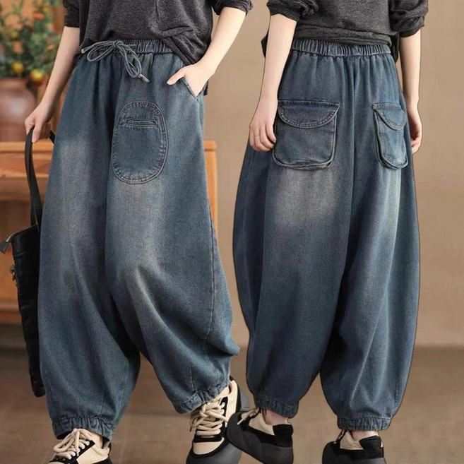 JUSTFEELING 여성복 배기 청바지 와이드 벌룬팬츠 밴딩 무바지 캐주얼 데님바지 90kg까지