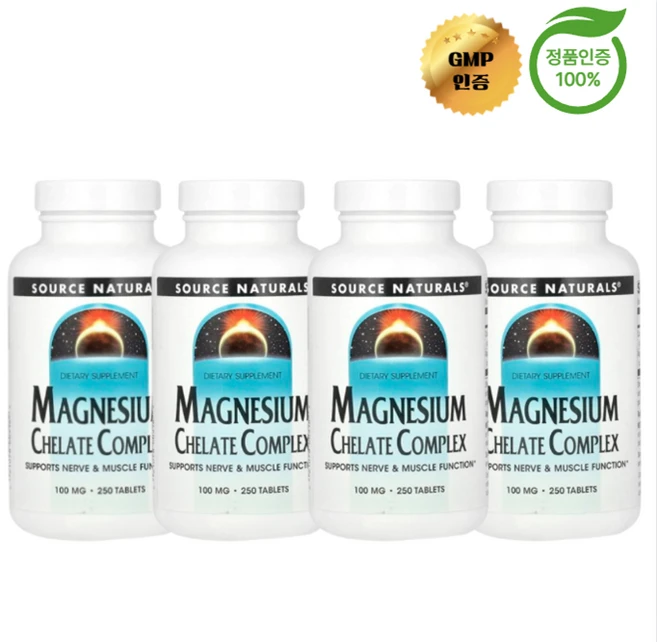 2+2 소스 내추럴스 마그네슘 킬레이트 복합체 100mg 250정, 4개, 250회분 - 쿠팡