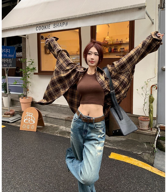 藍色格紋磨毛長袖襯衫 女生寬鬆休閒上衣