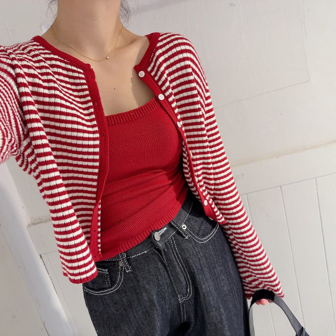 fw신상 포인트 스트라이프 니트 나시 가디건 세트