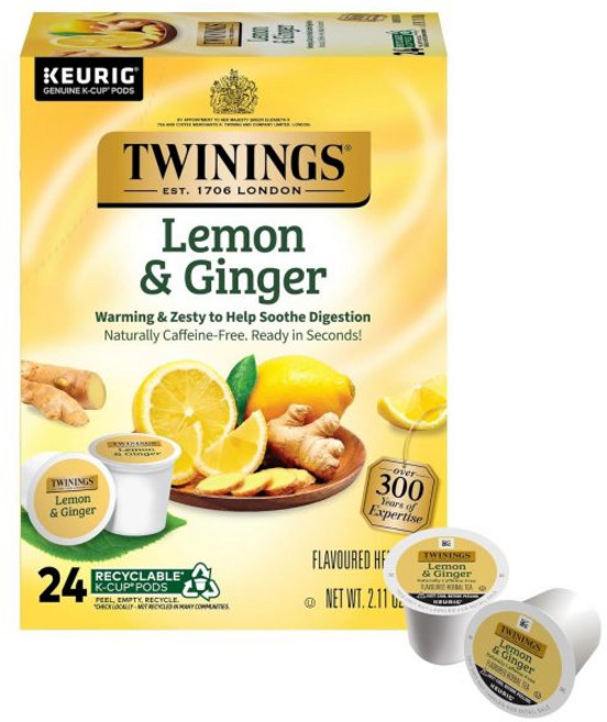 Twinings 트윈잉스 K-컵 포드 버라이어티 팩 큐리그 및 싱글 컵 브루어스용 잉글리시 브렉퍼스트 얼그레이 그린 퓨어 페퍼민트 티 포함 24캔(4팩) 뜨거운 또는 얼린 상태, Lemon & Ginger, 24 Count (Pack of 1)