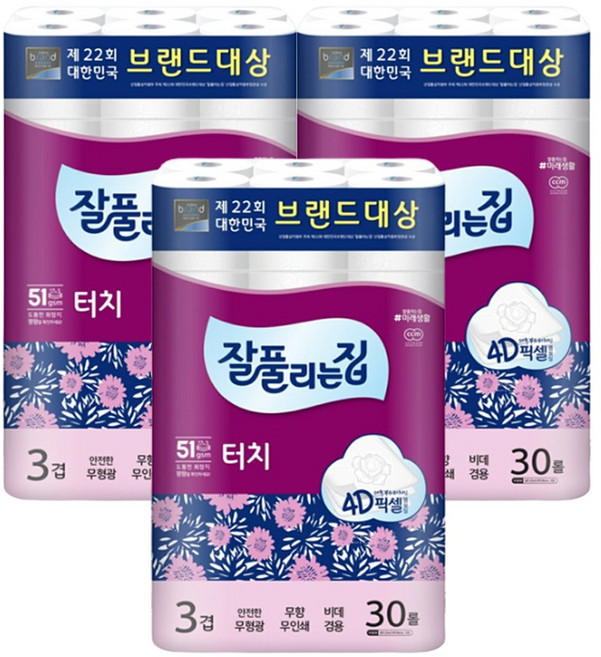 잘풀리는집 3겹 깨끗한 터치 화장지 25m, 3개, 30개입