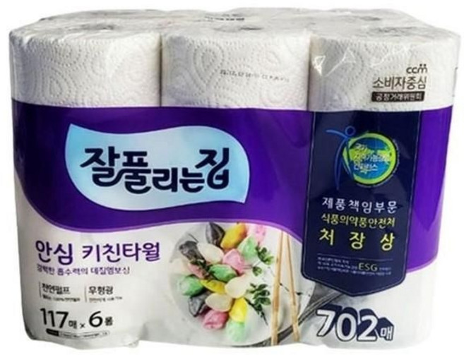 JU 잘풀리는집 키친타월 117매x6롤/ 주방 기름휴지/ 기름먹는 화장지/ 그릇 물기제거, 안심키친타월117매X6롤