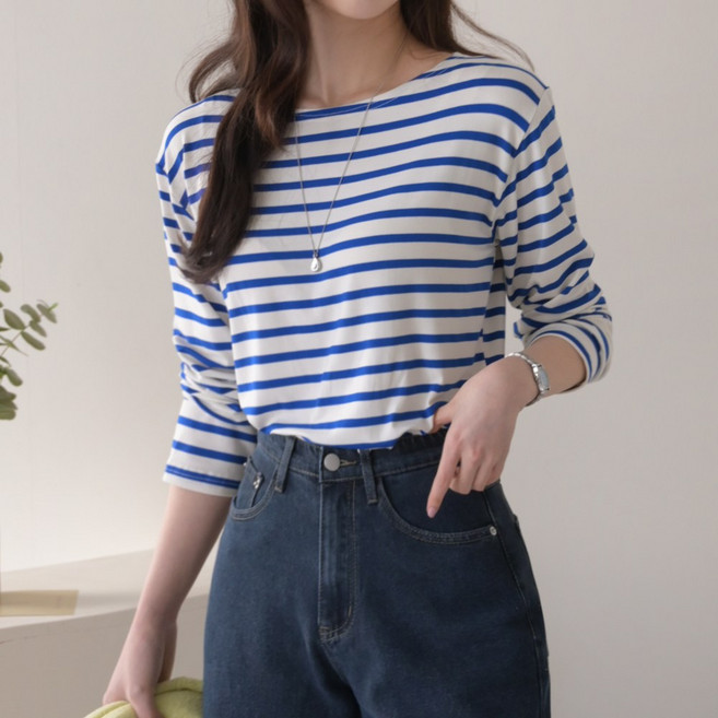 데일리앤 세츠 여성 스판 찰랑 레이온 긴팔 스트라이프 티셔츠 봄 가을
