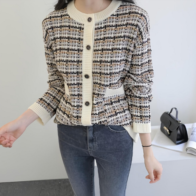 女款寬鬆格紋粗毛呢花紋開襟衫