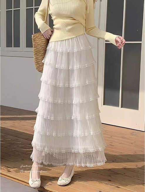 Ai白媽媽 網紗蛋糕長裙 春夏蕾絲鬆緊腰顯瘦澎澎裙