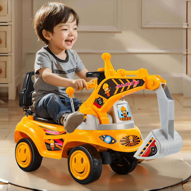 DIU 兒童挖掘機可坐人挖土機男孩玩具1到3歲可騎溜溜扭扭車滑行工程車, 1個, 1cm, 加大活力黃【高配音樂燈光款】:如圖
