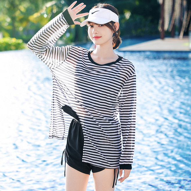 꼼스 스트라이프 커버업 비키니 세트 체형커버