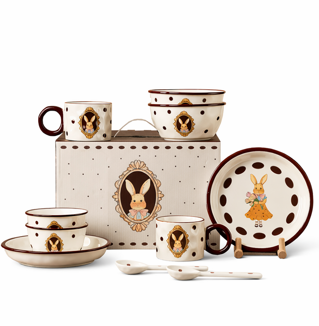 메블르 래빗 2인 식기 도자기 선물세트 공기 (2P)+대접 (2P)+접시 (2P)+머그컵 (2P)+숟가락 (2P)+선물박스 포장, 1세트, 2인 식기 10P