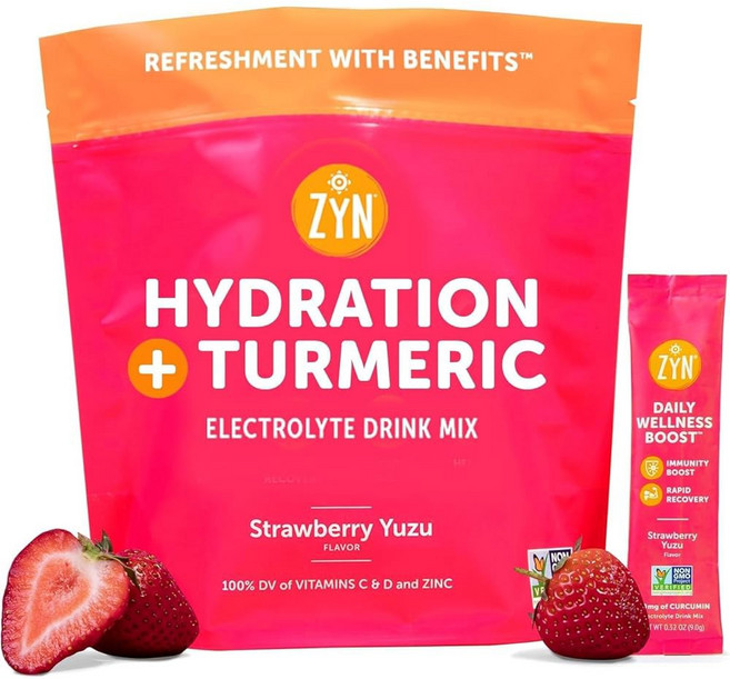 ZYN 전해질 음료 믹스 수분 패킷 분말 강황 커큐민이 포함된 비타민 C D 아연 웰빙용 하이드레이트 버라이어티 팩 8개, Strawberry Yuzu, 16 Count (Pack of 1)