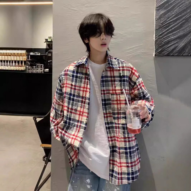 【復古男友風】花襯衫 男士襯衫 長袖襯衫 破洞襯衫 條紋襯衫 秋季上衣 設計感拼色 寬鬆bf風 美式復古穿搭