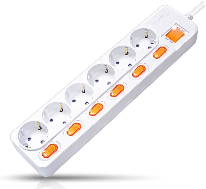 개별스위치 멀티탭 KC인증 접지 과부하차단 2800W 절전 콘센트 6구 멀티탭, 화이트(빨간스위치), 1개, 1.5m