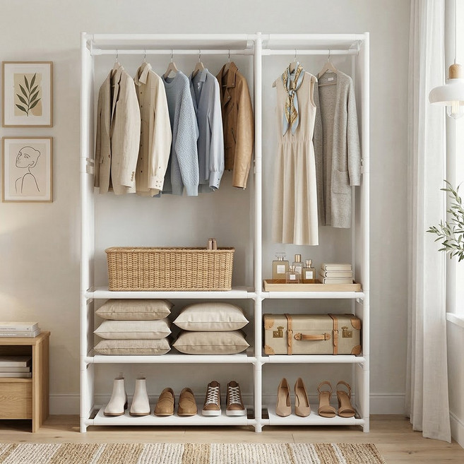 보리보 드레스룸 스탠드 행거 멀티 수납 철제 옷정리 행거, 화이트