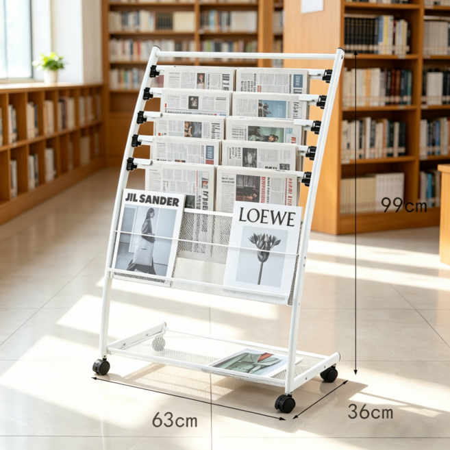 이동식 책꽂이 잡지꽂이 신문 잡지 진열대 전단지 팜플렛 매거진랙 철제잡지꽂이, 1개, 흰색