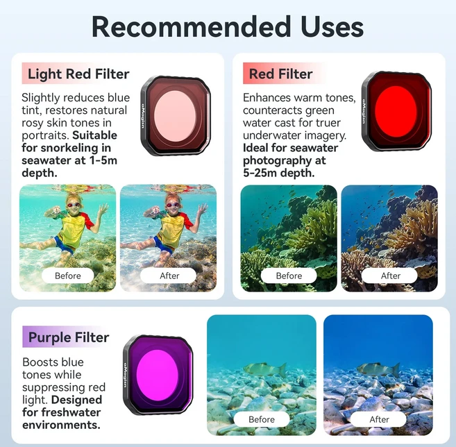 Insta360 Ace Pro 2용 aMagisn 다이브 필터 레드/라이트 레드/마젠타 스노클링/심해 다이빙용 수중 색상 보, 01 3 in 1 set