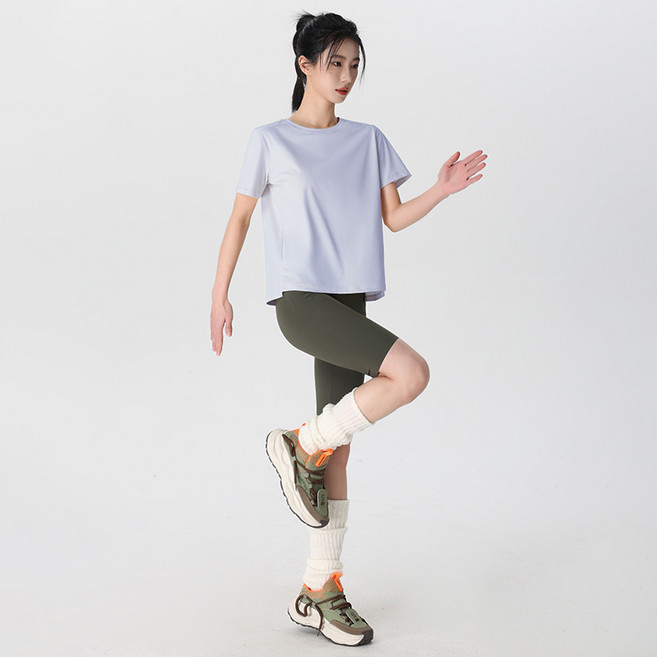 圓領運動速幹T恤女夏季透氣防曬下襬開叉戶外健身瑜伽上衣