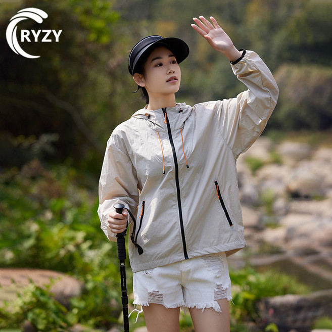 RYZY 防曬外套 UPF50+ 夏季情侶連帽運動登山外套, 淺卡其【UPF50+】,XL【67.5-80KG】