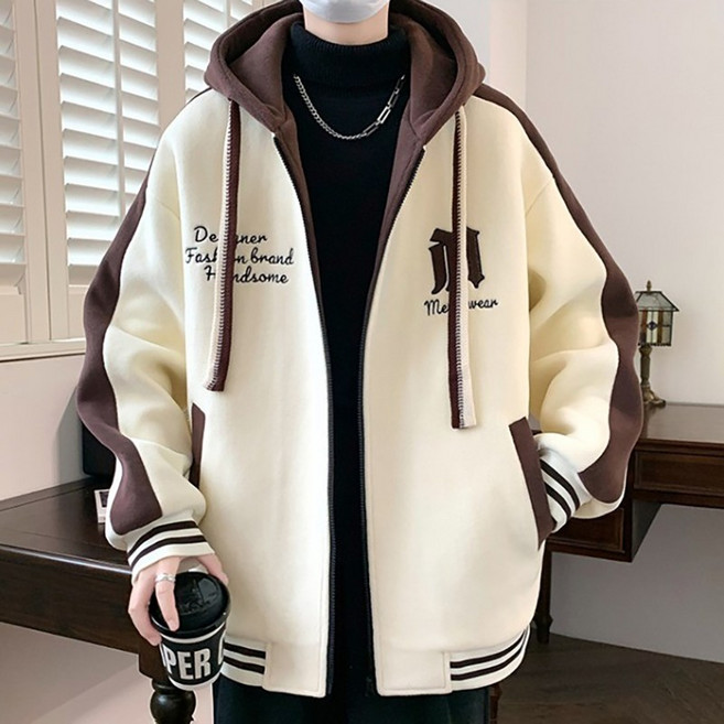 남성 빅사이즈 오버핏 기모 야구 자켓 캐주얼 아우터 가을 겨울 루즈핏 데일리 상의 XINNIX