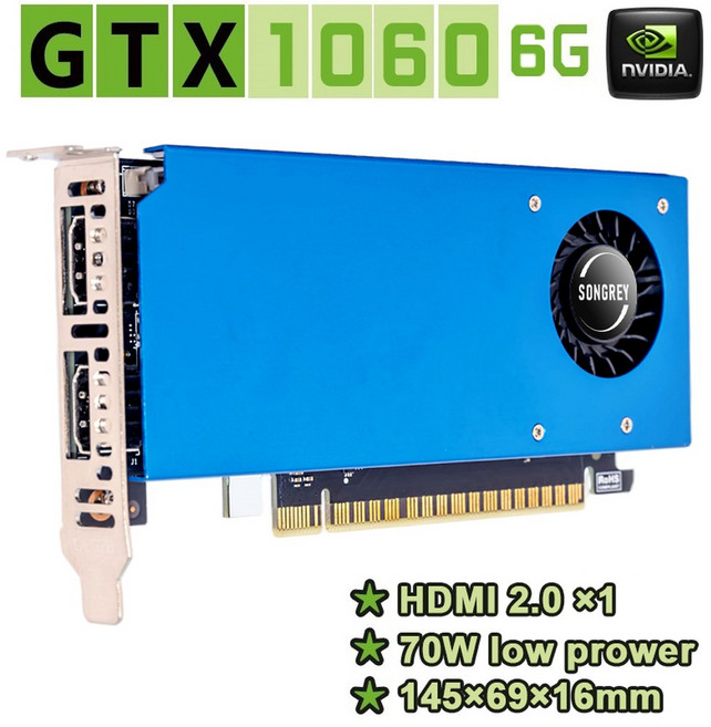 SONGREY 지포스 GTX 1060 로우 프로파일 그래픽 카드 GDDR5 PCIe 3.0 X16 192 비트 SFF GPU HDMI DP 포트 6GB, GTX 1060 6G 2H