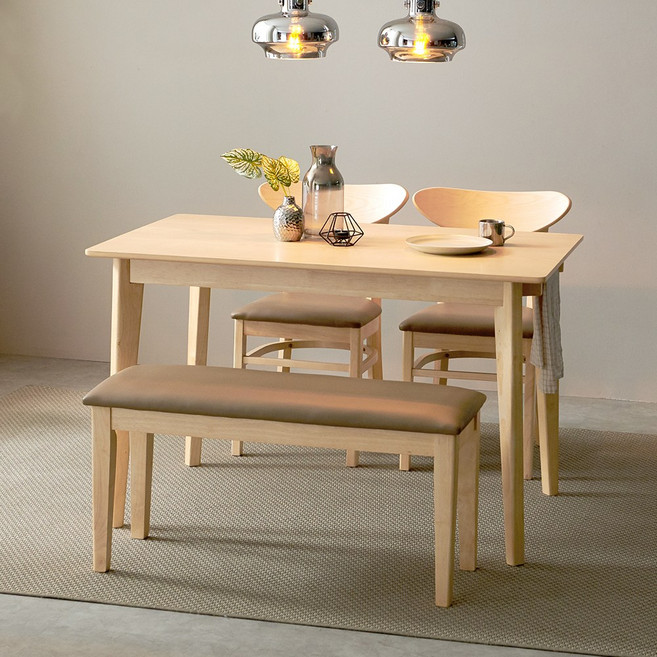 굿모닝 원목 4인 식탁 세트 벤치+의자형, 네추럴, 일반 2 + 벤치 1