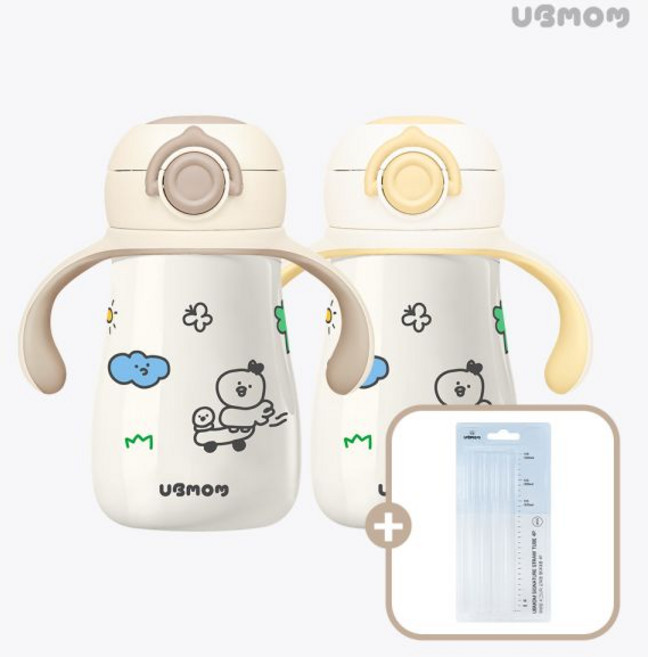 유비맘 1+1 데일리 스테인리스 스텐 원터치 빨대컵 260ml + 빨대대롱 4p, 빨대컵 2ea + 빨대대롱 4p, 초코(1)+옐로우(1)