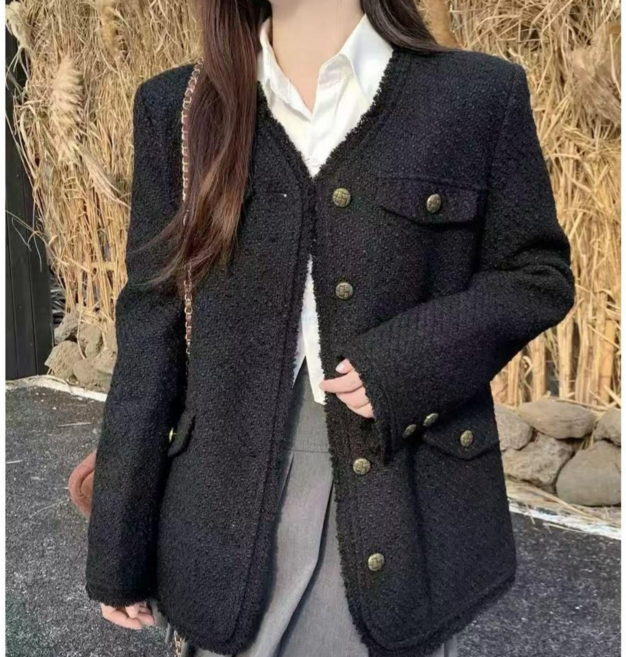 마스우노 여성 트위드자켓 숏코트 하객룩 오피스룩 세련된 아우터 봄가을 노카라 숏 크롭자켓