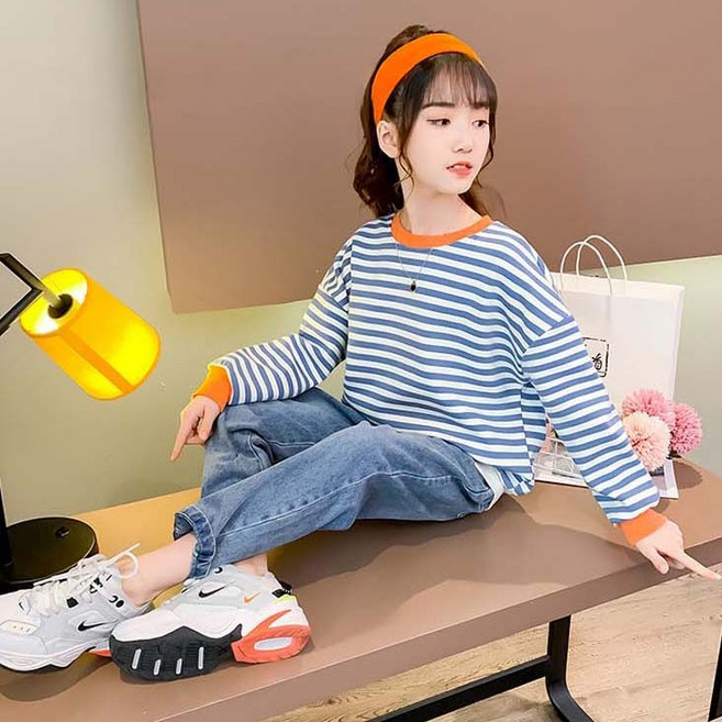 빠빠야네 키즈 주니어 여아 블루라인 맨투맨 청바지 상하바지세트 봄가을