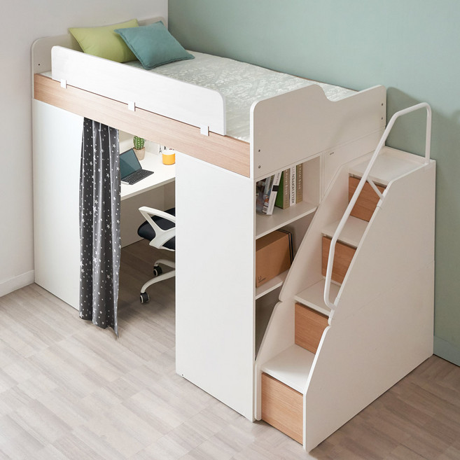 [매트업그레이드행사][에보니아] 폴라 슈퍼싱글 책상수납 벙커이층침대 풀세트 (매트 옵션선택), 2_본넬매트12T_계단형_안전가드(A화이트)