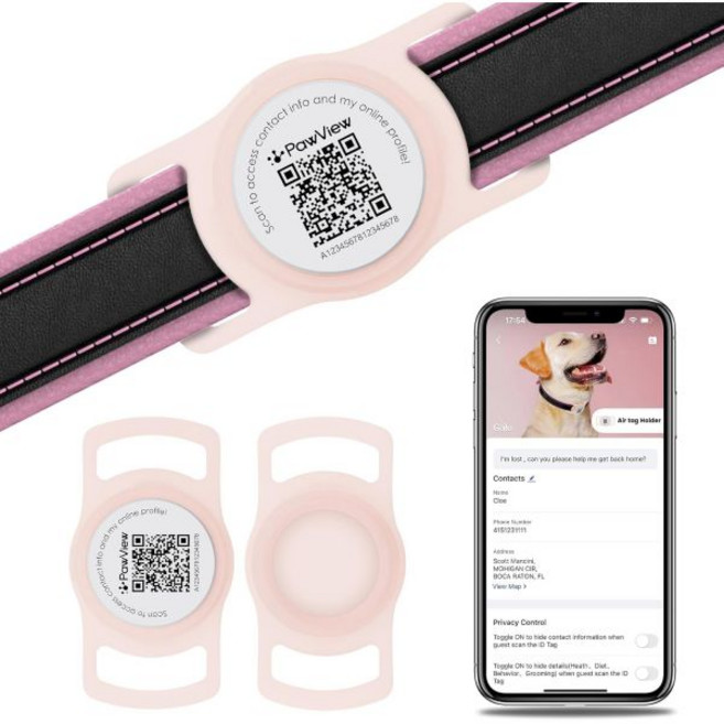 QR ID 태그가 있는 에어태그 반려견 목걸이 홀더 야광 목걸이용 케이스용 형광 방수 실리콘 즉각적인 알림 스캔 긴급 연락처 반려동물 프로필블리스풀 핑크, Blissful Pink, Blissful Pink
