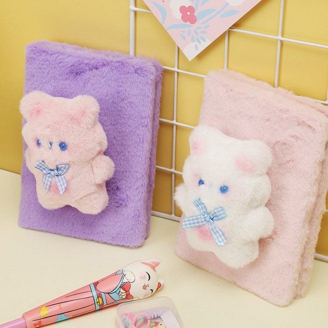 레브비쥬 귀여운 인형 스트레스 해소 일기장 예쁜 노트 다이어리 (DIY 꾸미기 세트 포함), 보라 곰돌이 (DIY 세트), 1개